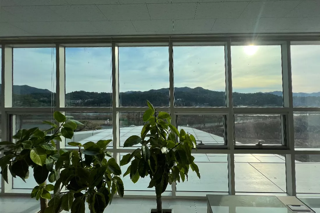 창 너머로 보이는 노을 풍경
